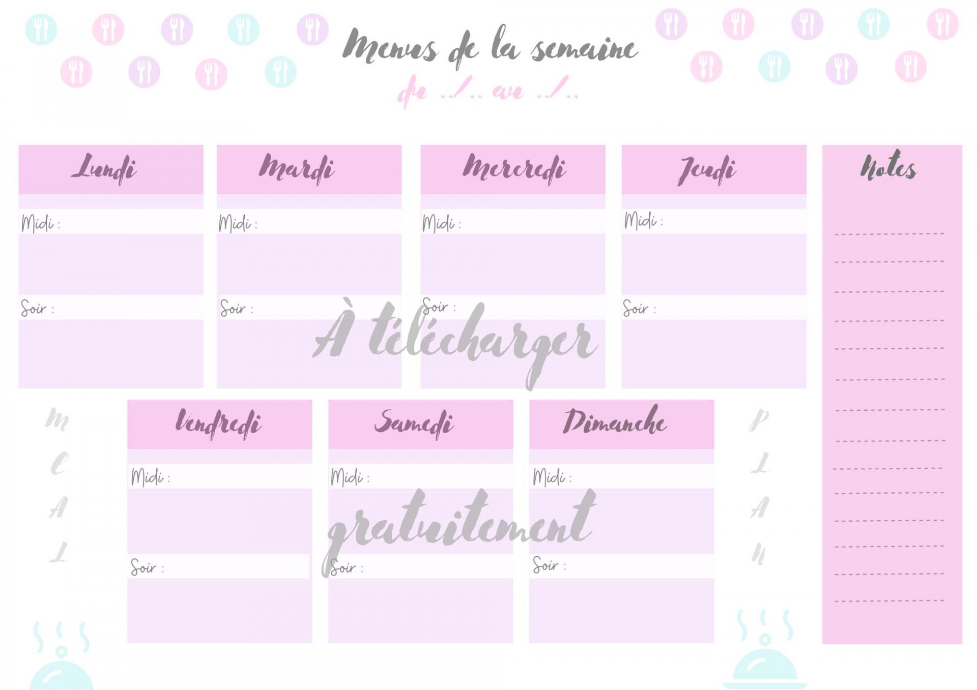 Menus semainier à imprimer - Planning PDF Vierge